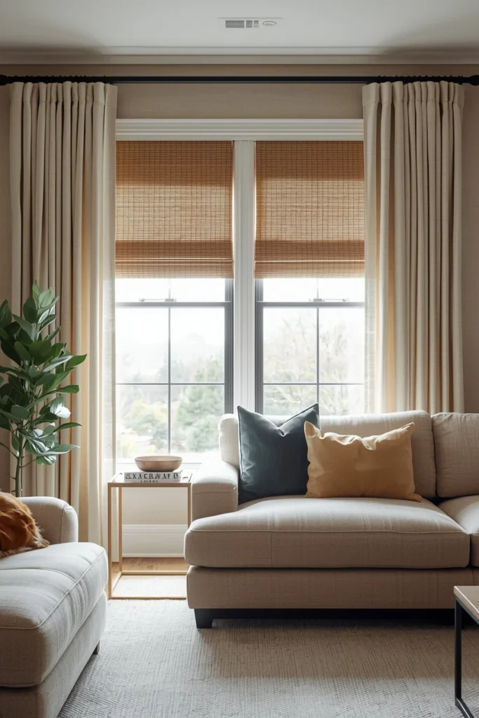 Layered woven shades and curtains