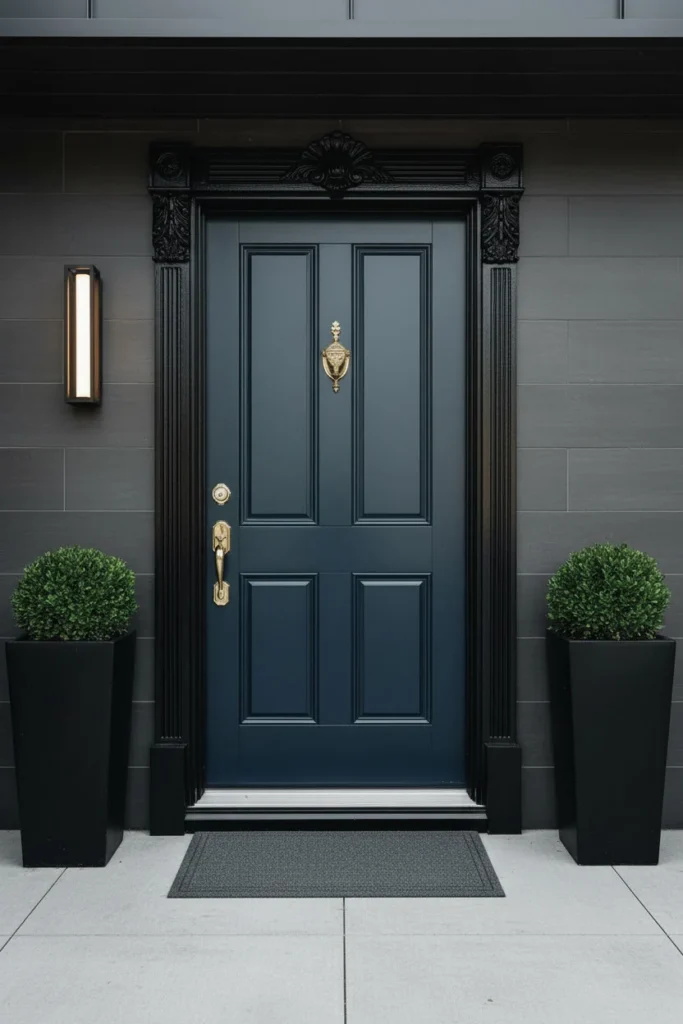 Dark painted exterior door with golden handle
