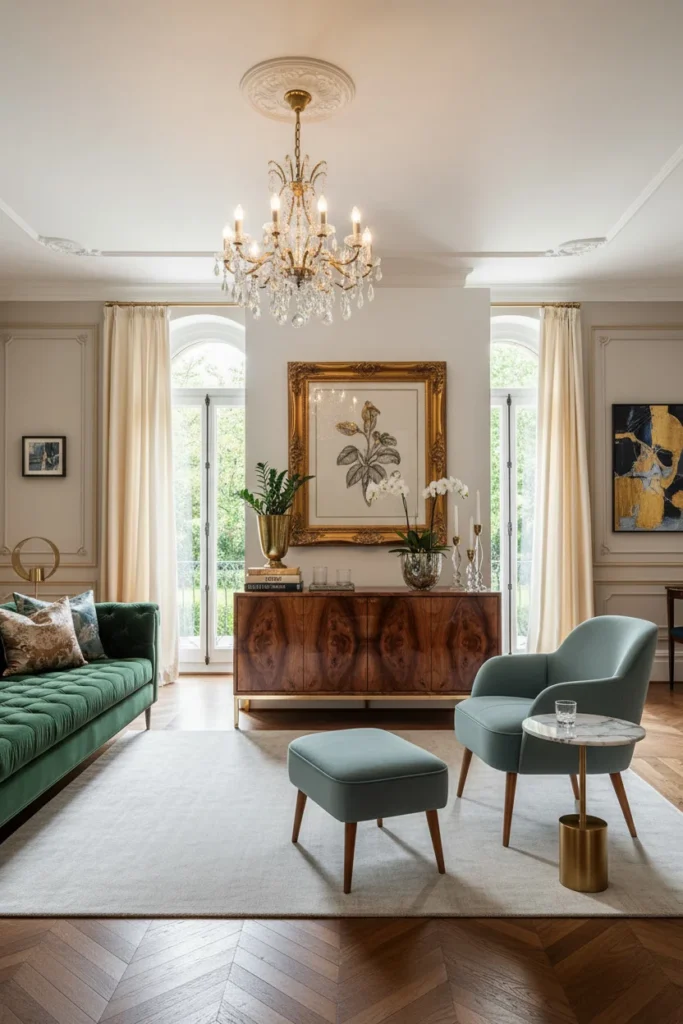 Ribbed sideboard with plant and candle on top