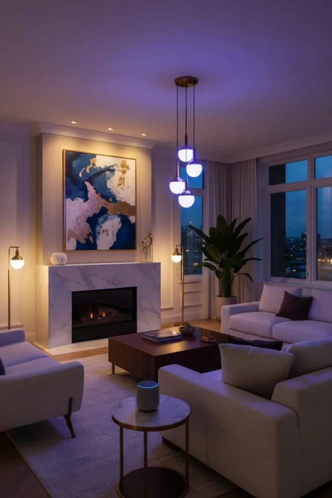 Smart speaker and bulb on a modern home shelf