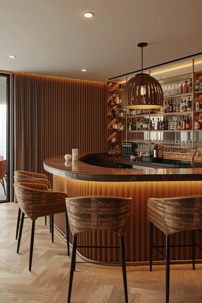 Padded stools and thick rug for bar acoustics.