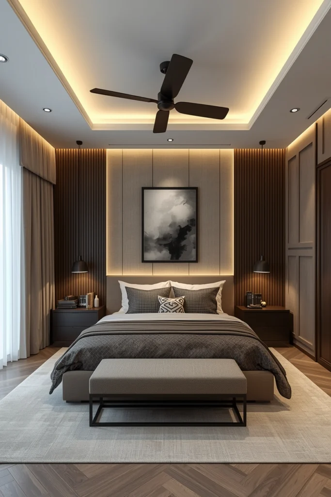 Warm LED strip light glowing softly along ceiling edge.