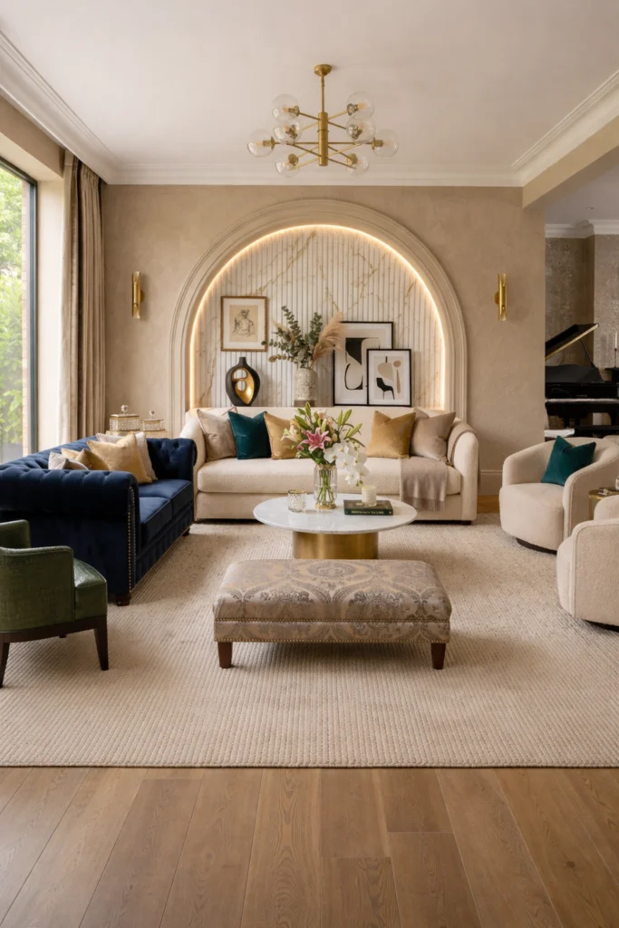 Plaster arch shape recessed into living room sofa wall