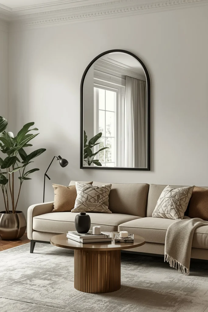 An arched mirror adds elegance to a plain wall.