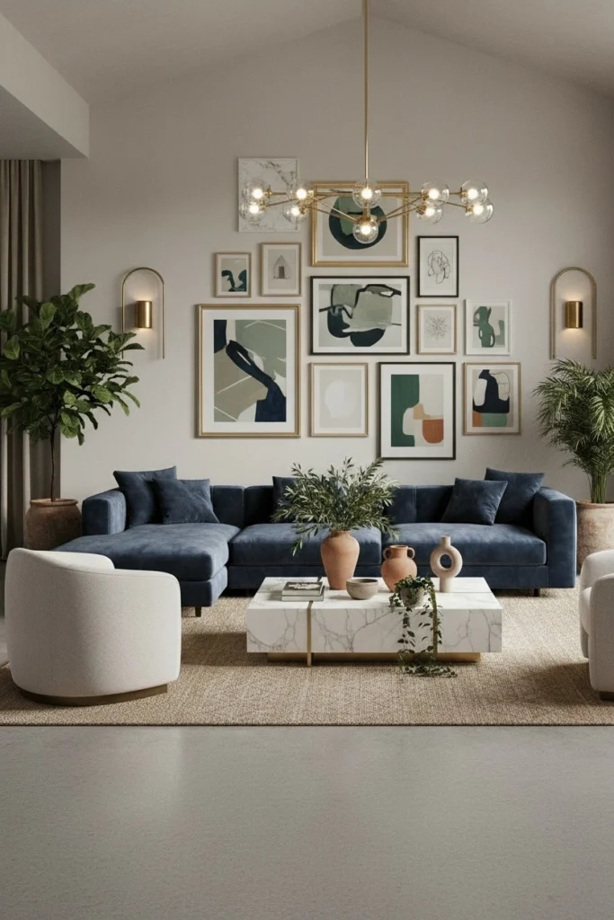 Trendy arched frames mixed with rectangular wall frames.