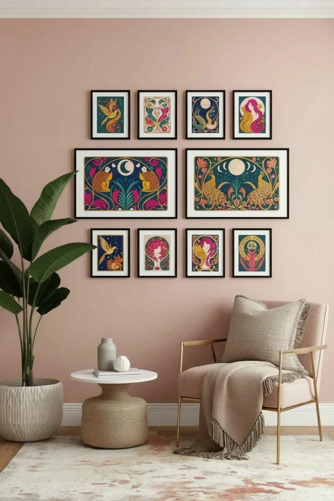 Gallery wall featuring art in one matching color family.