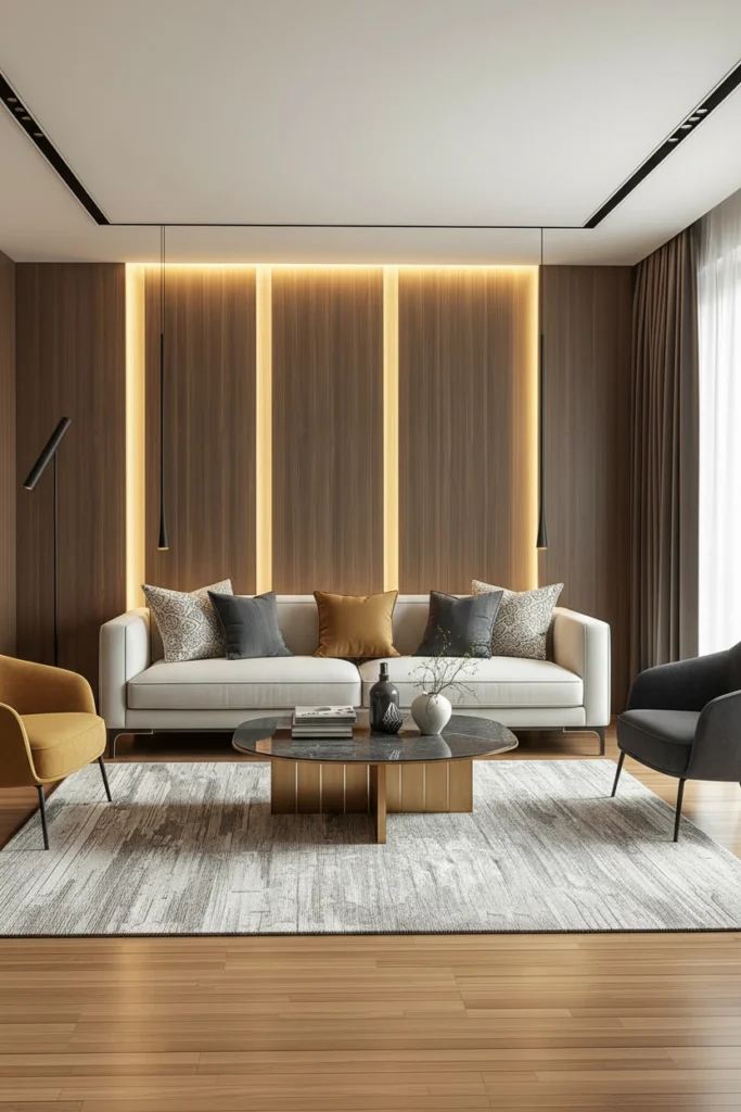 Backlit floating wall panels glowing behind living room sofa