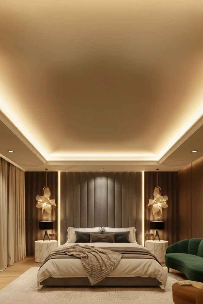 Backlit stretched fabric ceiling glowing softly like a cloud.