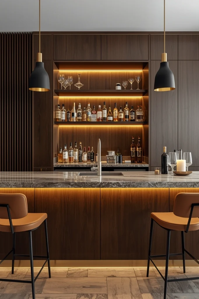 Elegant bar sink with matching faucet and counter.