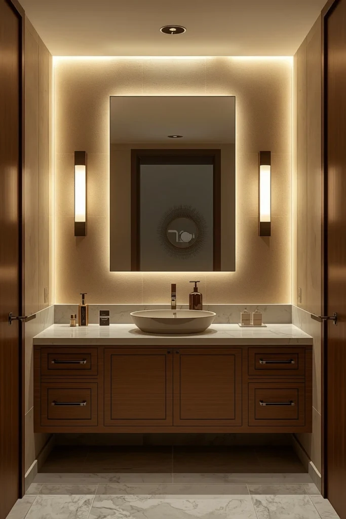 Side lights on bathroom mirror for even illumination.