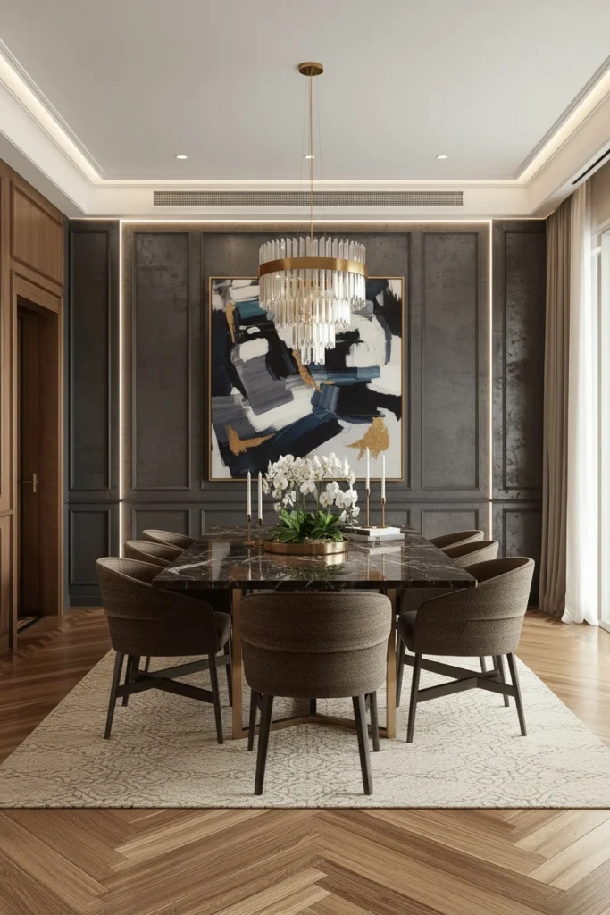 Wide plank oak herringbone floor in dining room