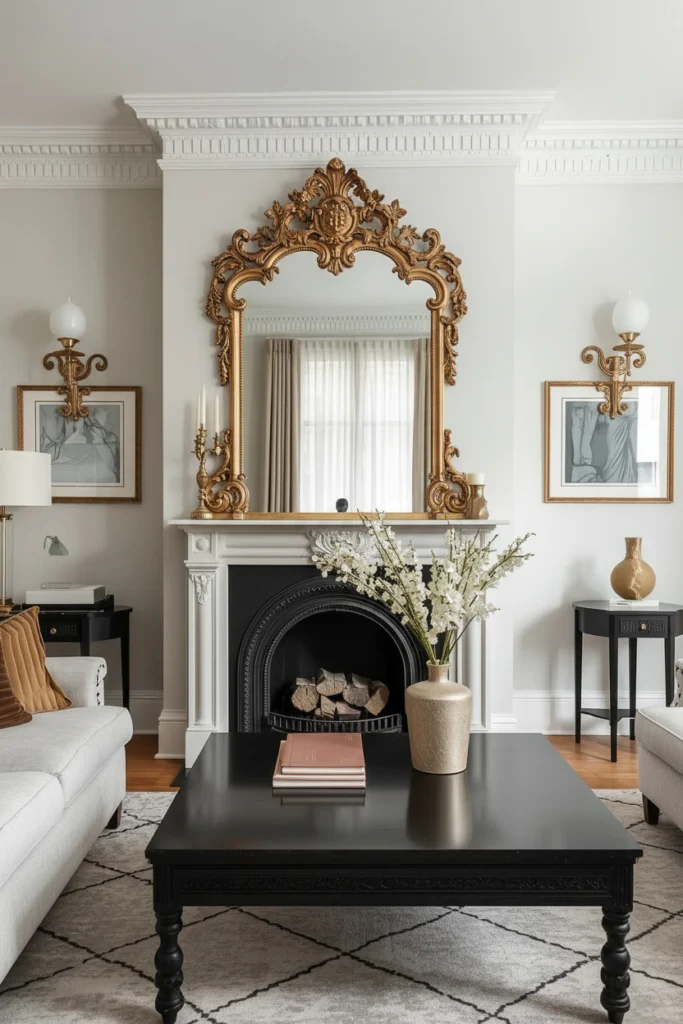 A big mirror above the fireplace spreads warm light.
