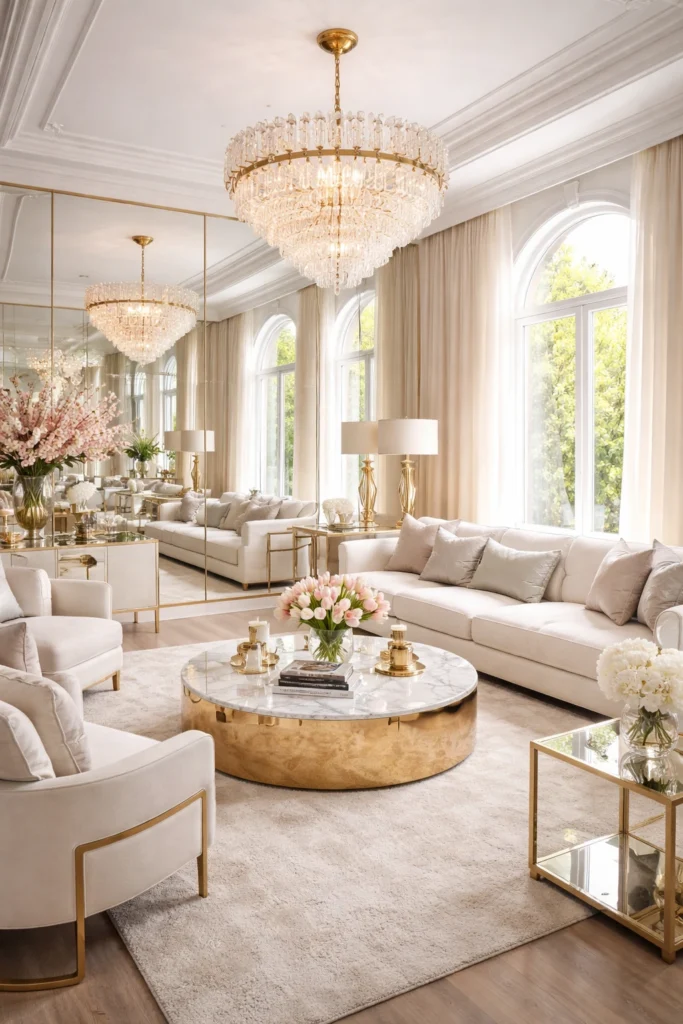 Large wall mirror reflecting sunlight in a bright living room.