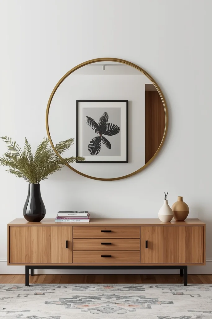 One large round mirror stands out on a plain wall.