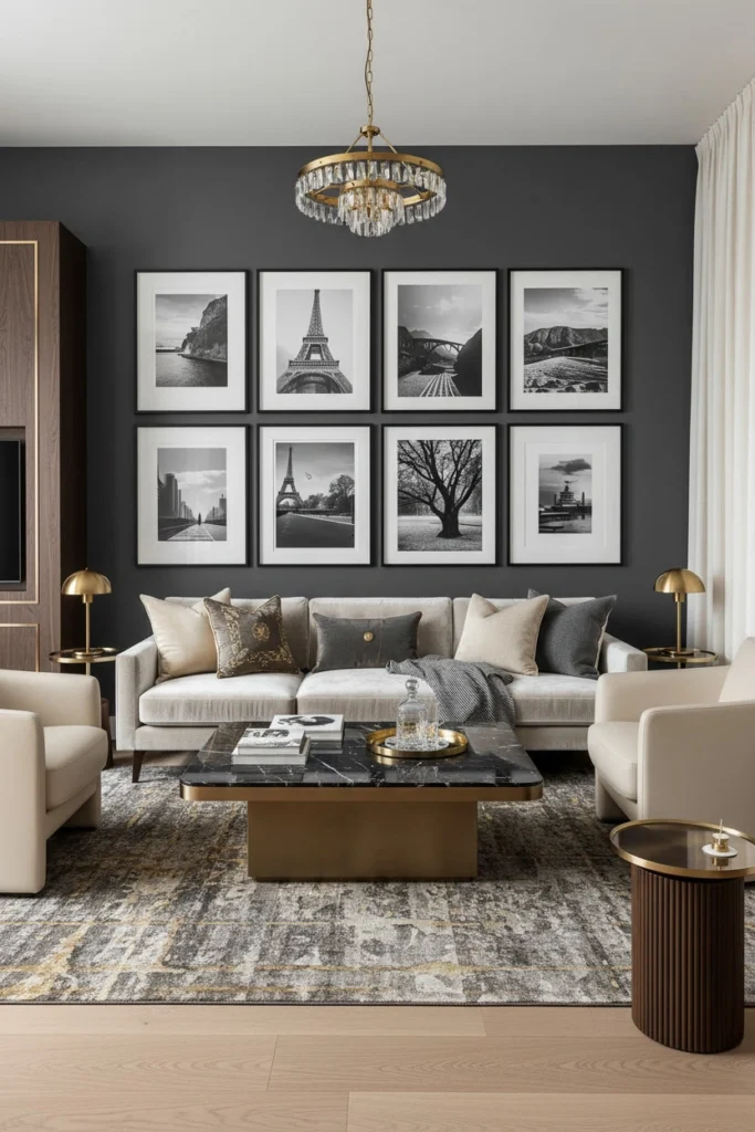 Black and white photo grid gallery wall decor.
