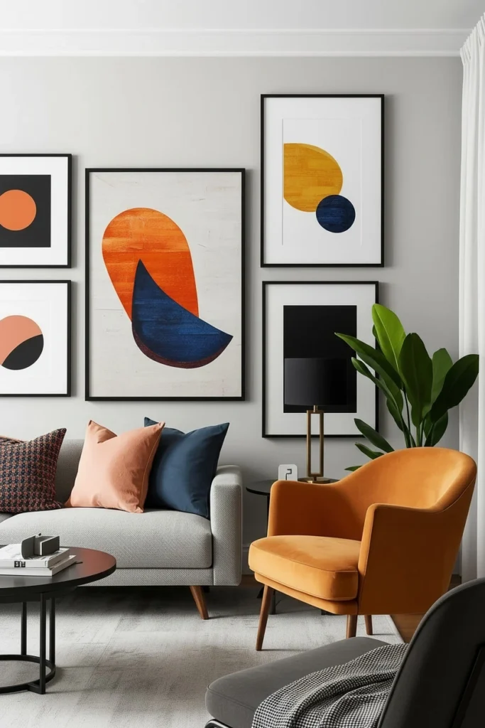 Black gallery frames holding bold colorful artwork inside.