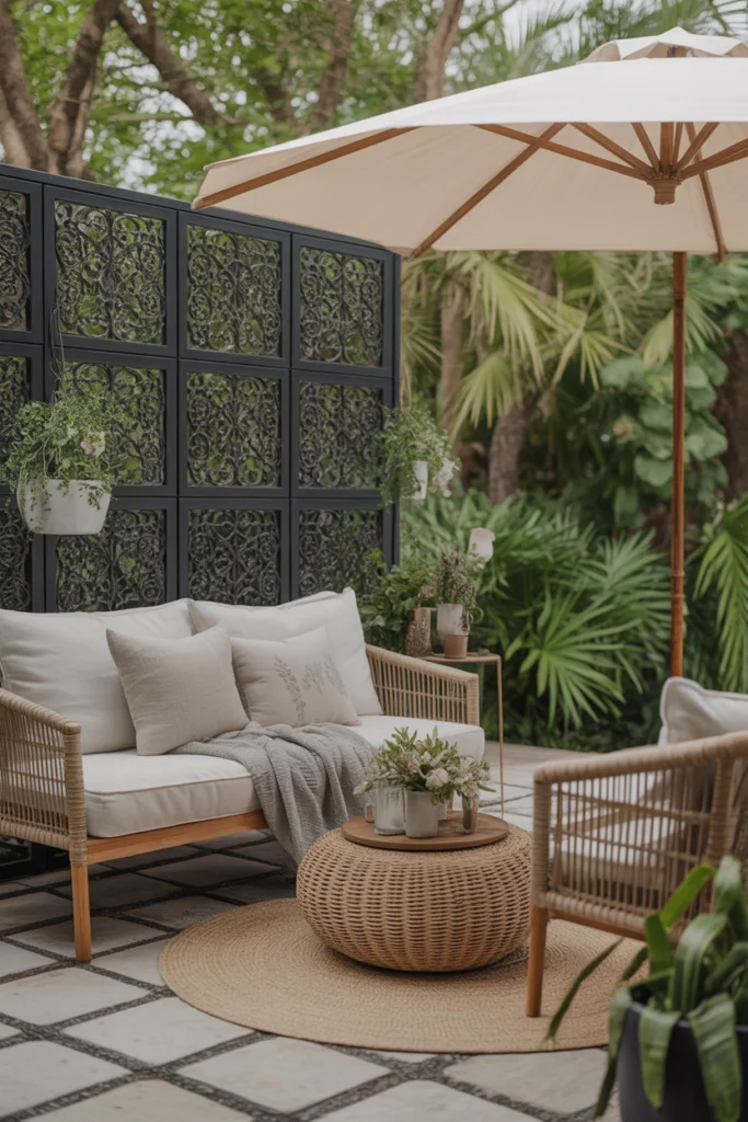A black steel louvre screen adds privacy to a patio.