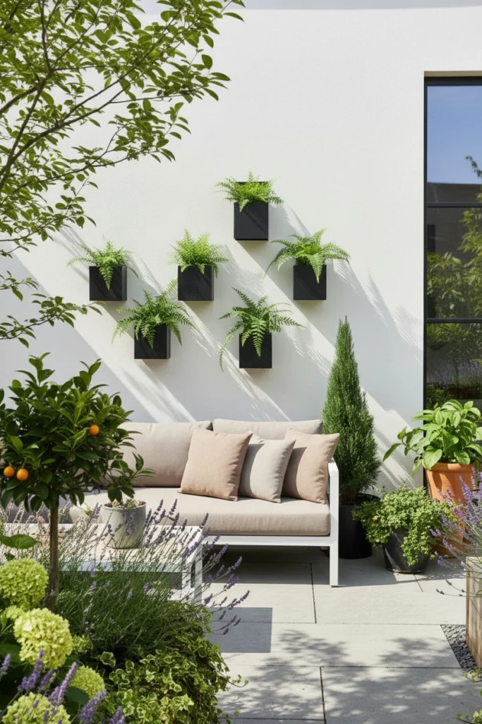 Black wall planters hold green plants on a fence.