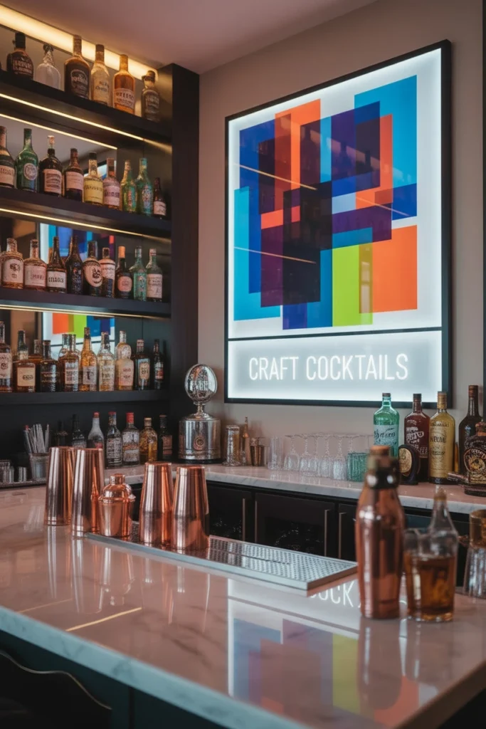 Bold large canvas artwork hanging beside bar shelves.