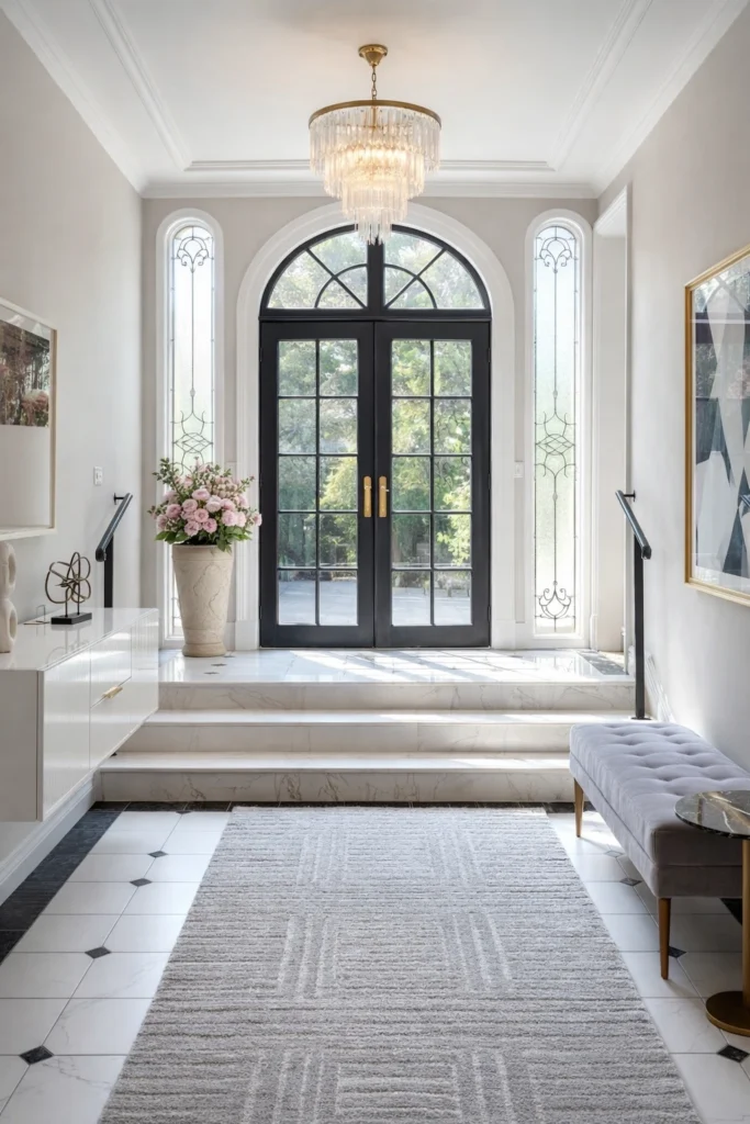 Large ceramic vase with peonies at home entrance.