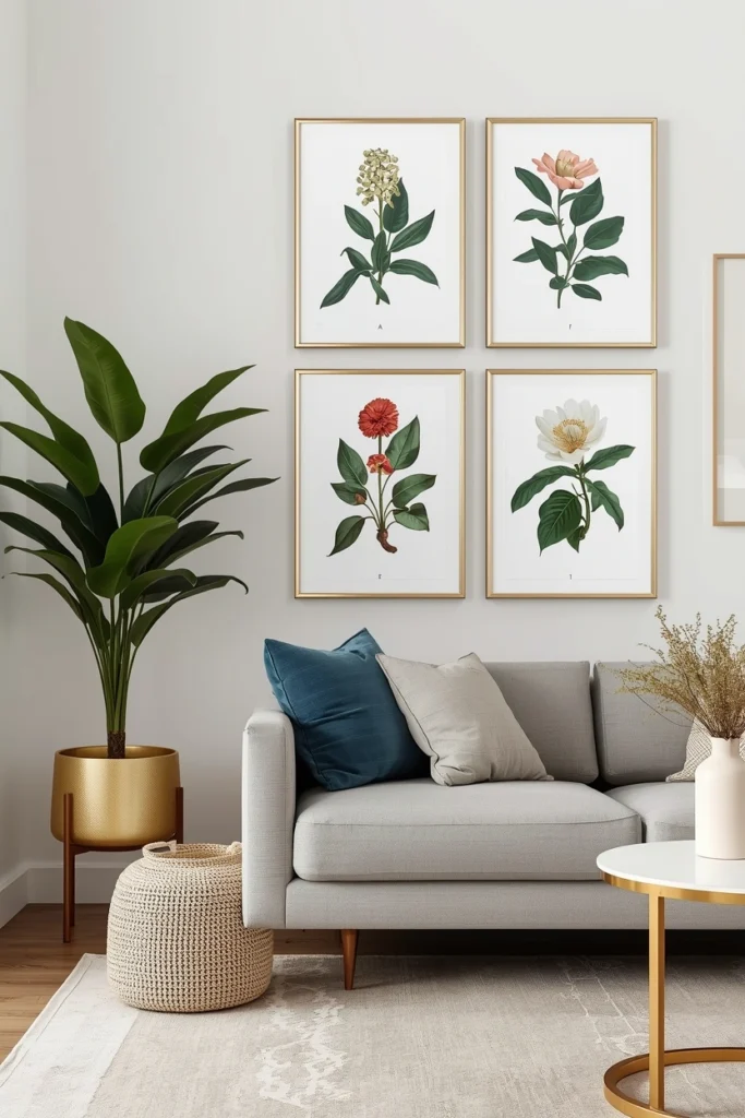 Botanical leaf prints displayed in thin gold frames.