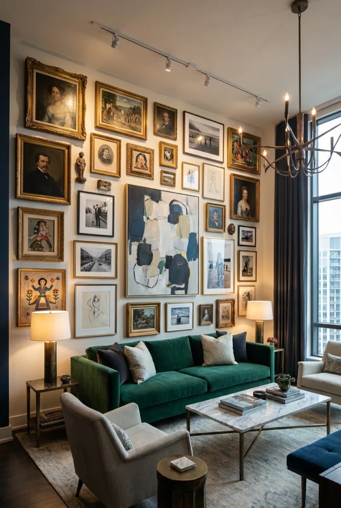 Gallery wall built gradually with meaningful personal artwork.