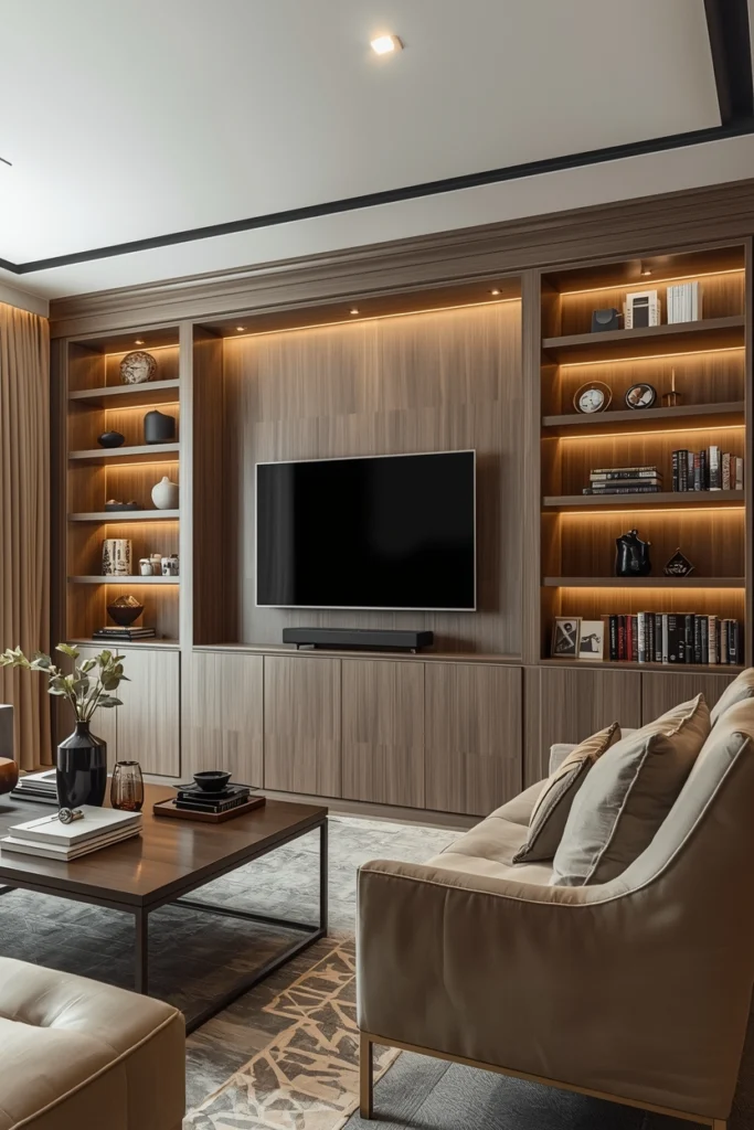 Built in shelves with LED lights around living room sofa