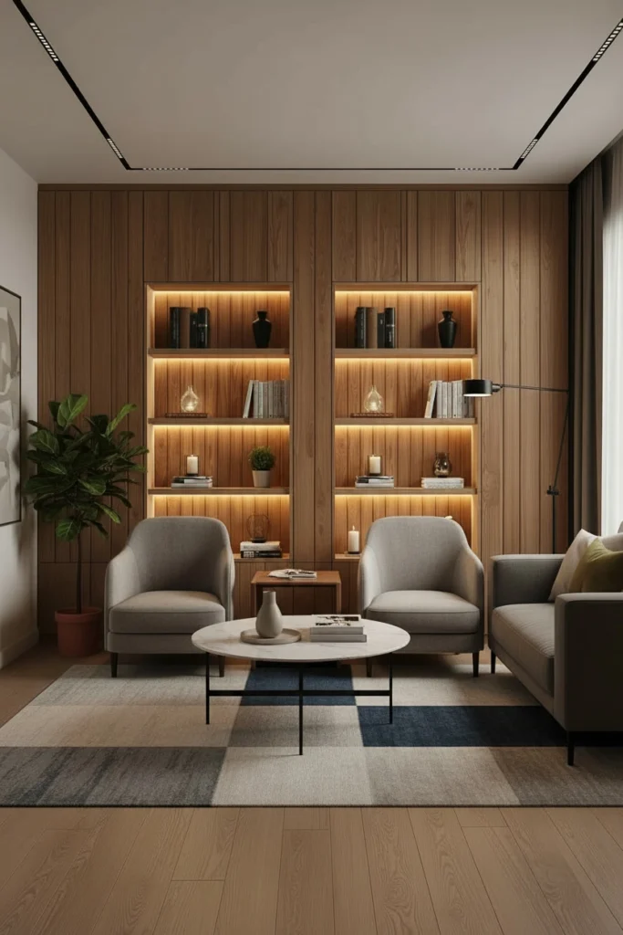 Built-in shelves blend seamlessly with matching wood panels.