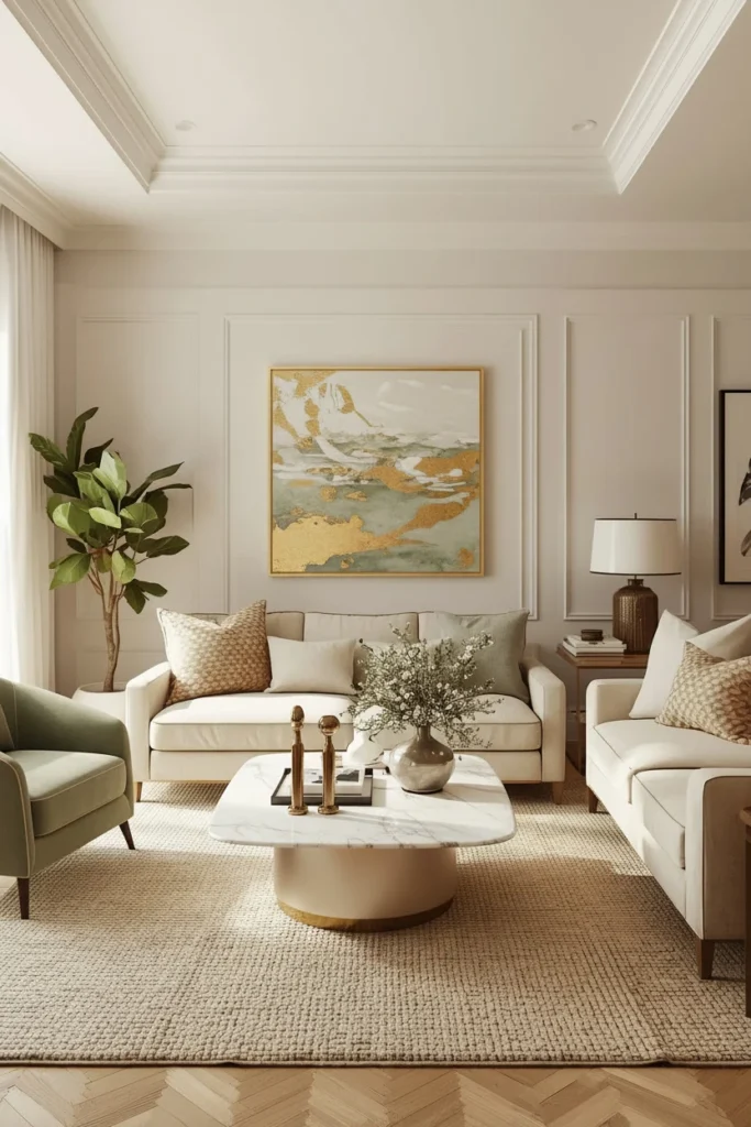 Living room styled in soft beige and sage green.