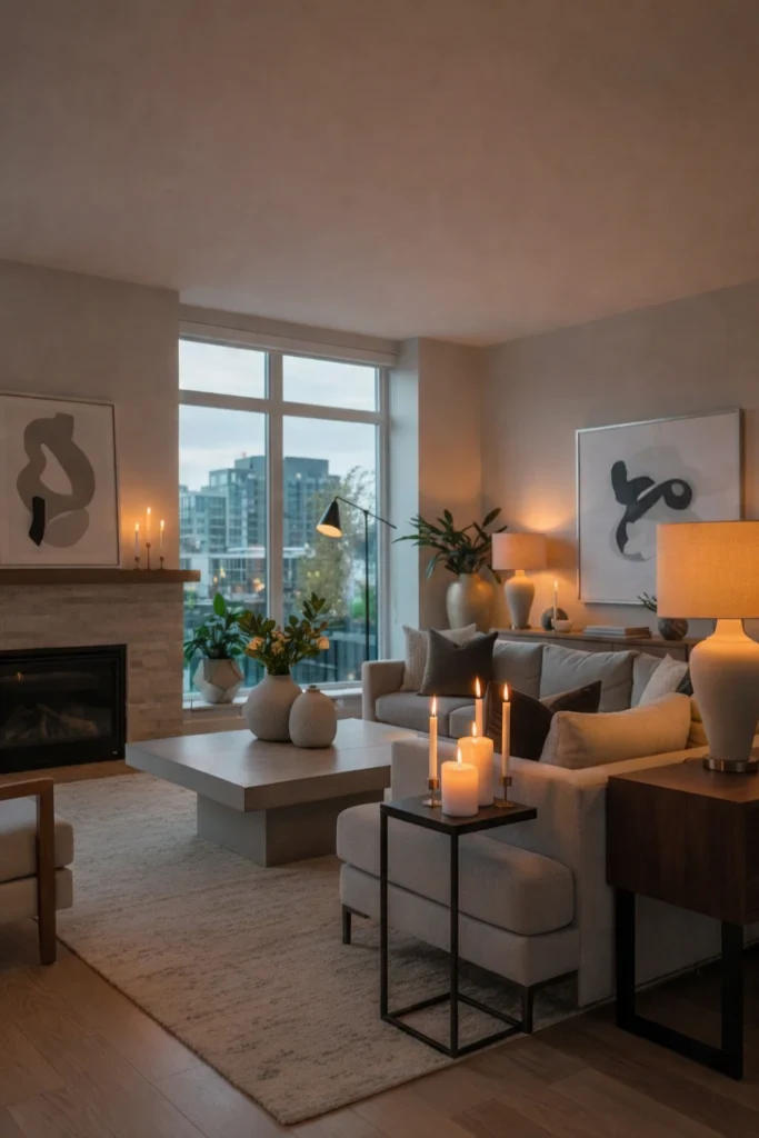 Flickering candles creating warm and cosy home atmosphere.