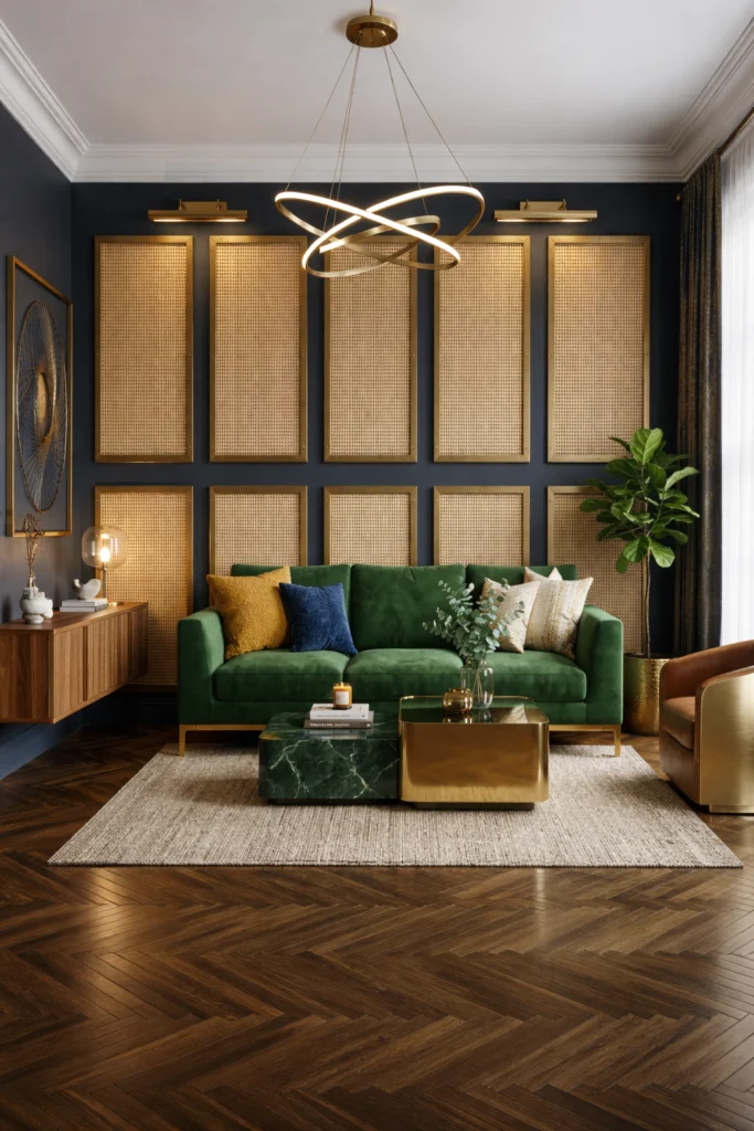 Framed cane rattan panels on warm living room sofa wall