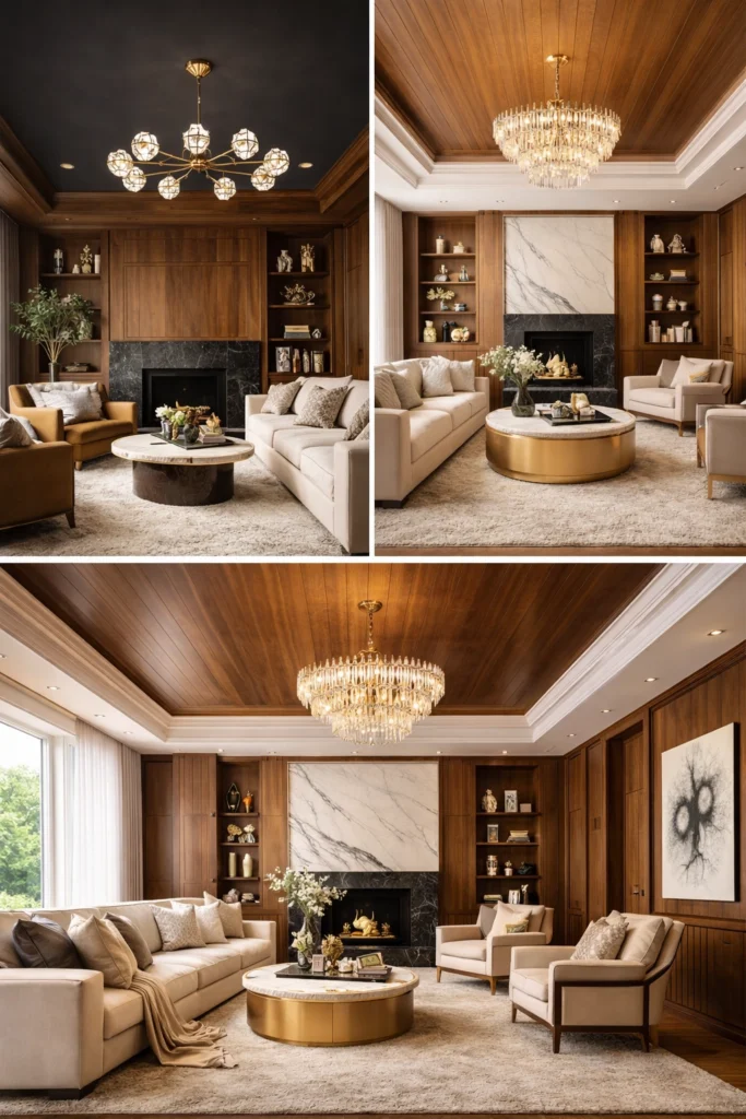 A painted ceiling completes the look of wood panel rooms.