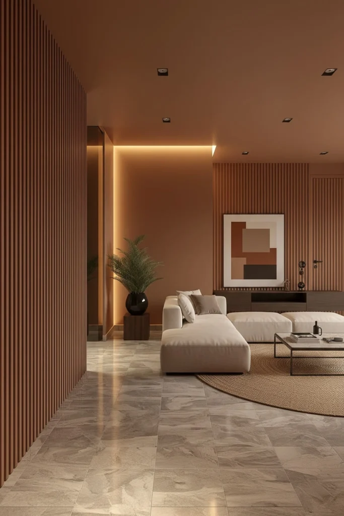 Ceiling lights tilted toward textured walls for depth.