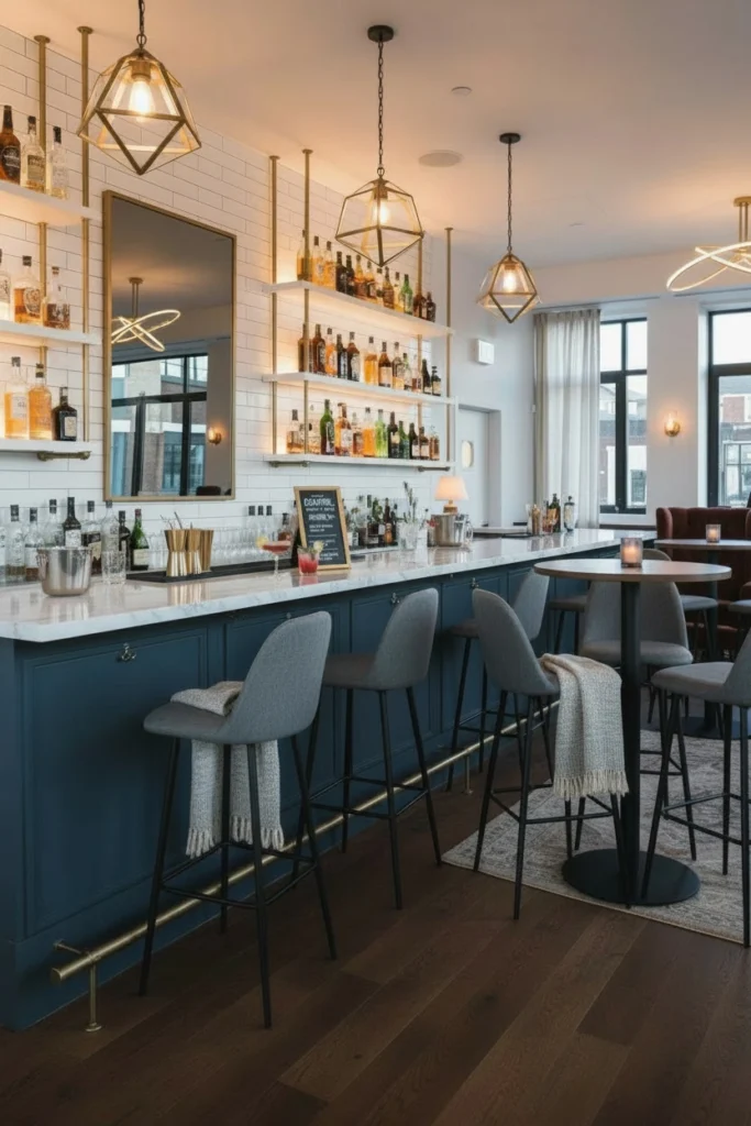Brass-framed cocktail menu board beside home bar shelves.