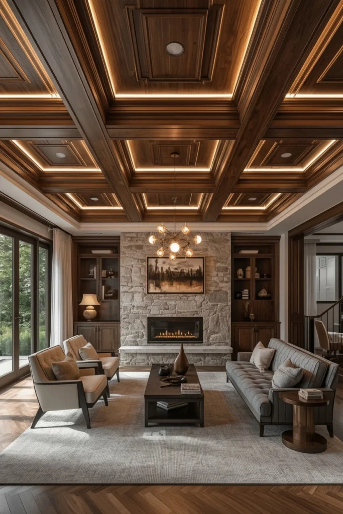 Luxury coffered ceiling with rich dark walnut wood finish.