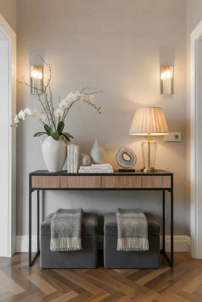 Slim console table styling a narrow hallway entrance.