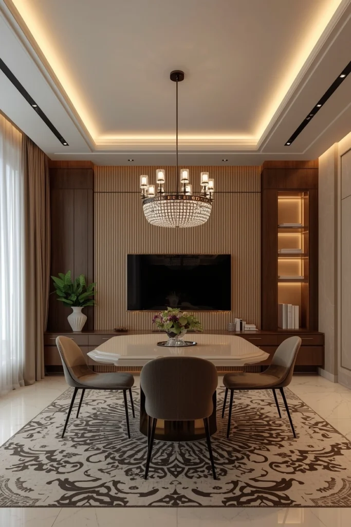 Soft cove lighting glowing along the ceiling edges elegantly.