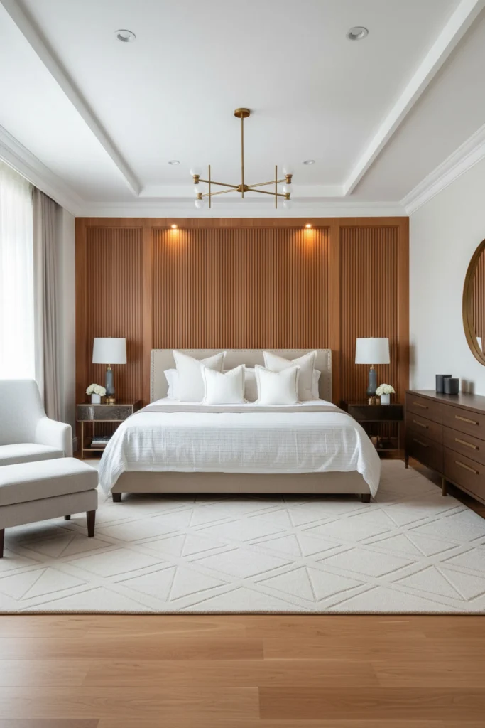 Full fluted wood panel headboard wall behind bed.