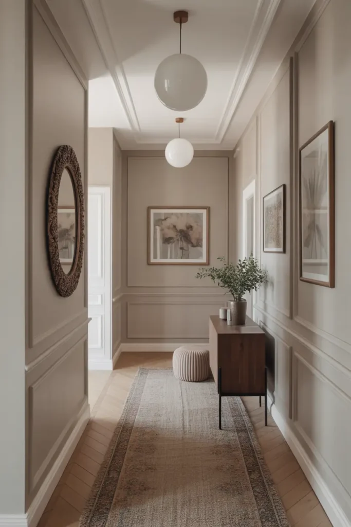 White painted wall paneling below dado line hallway.