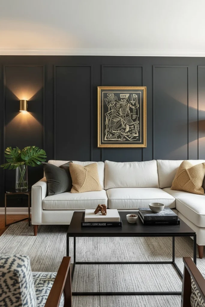 Dark navy green accent wall behind cream living room sofa