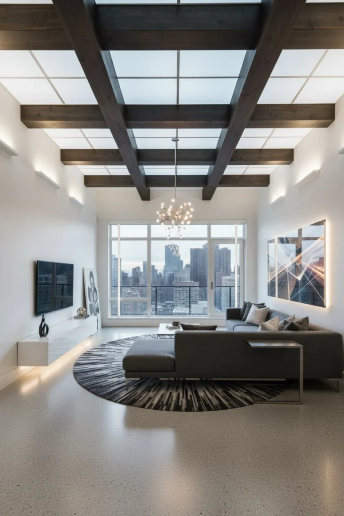 Dark espresso stained exposed wooden beams on a white ceiling.
