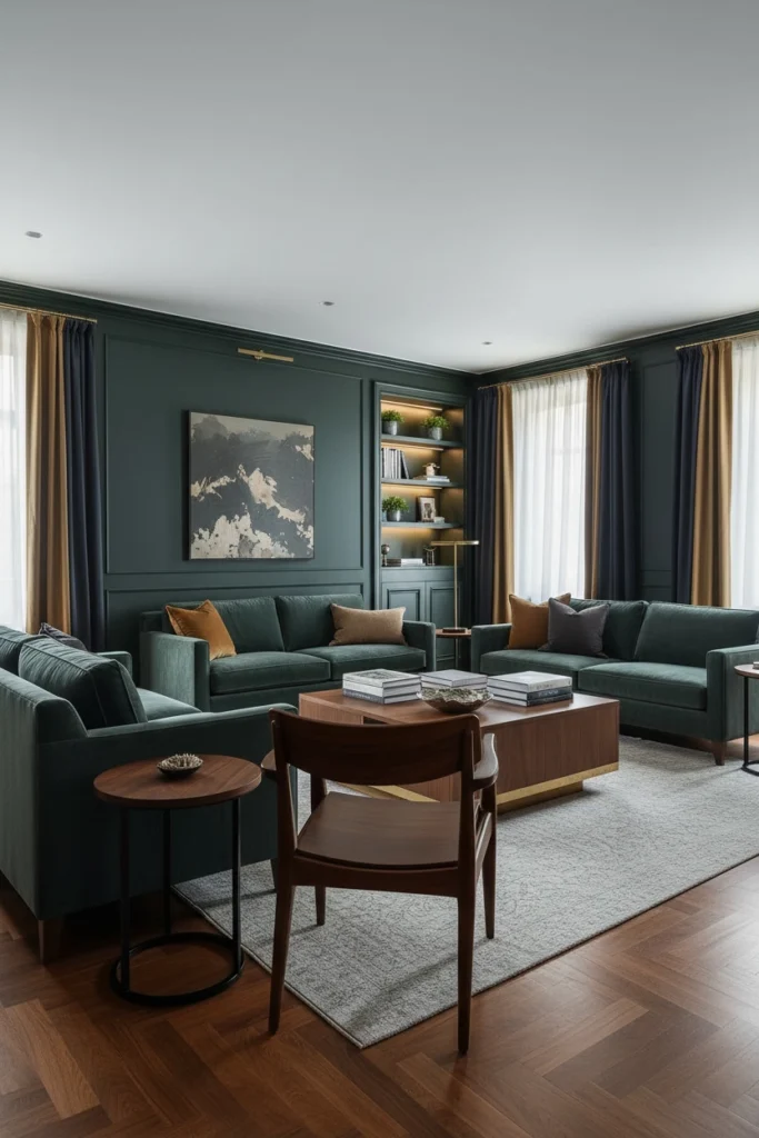 Dark painted wood panel walls create a cozy atmosphere.