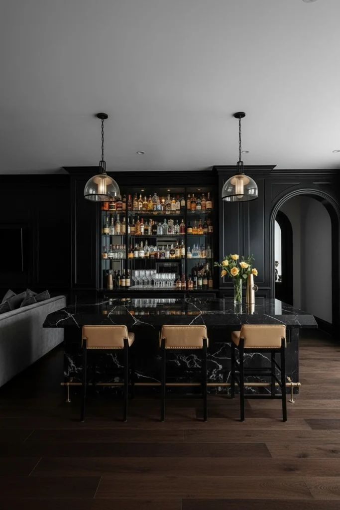Dark stone countertop on a modern home bar.