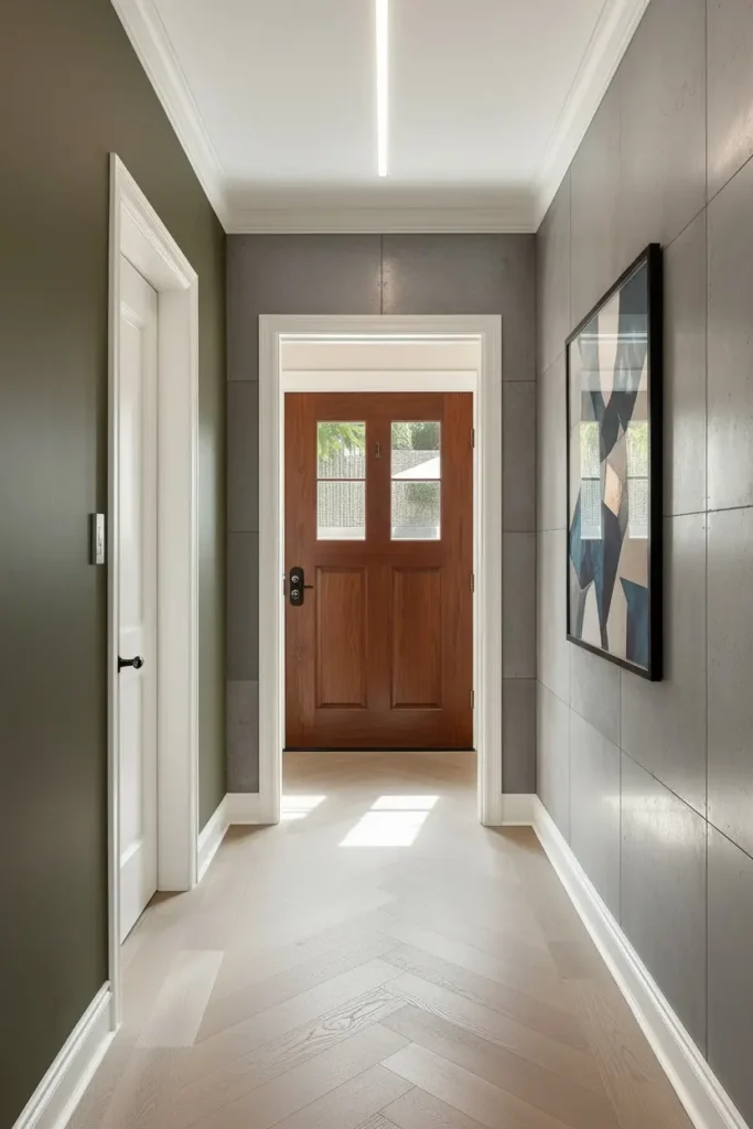 Deep olive green painted walls in styled hallway.