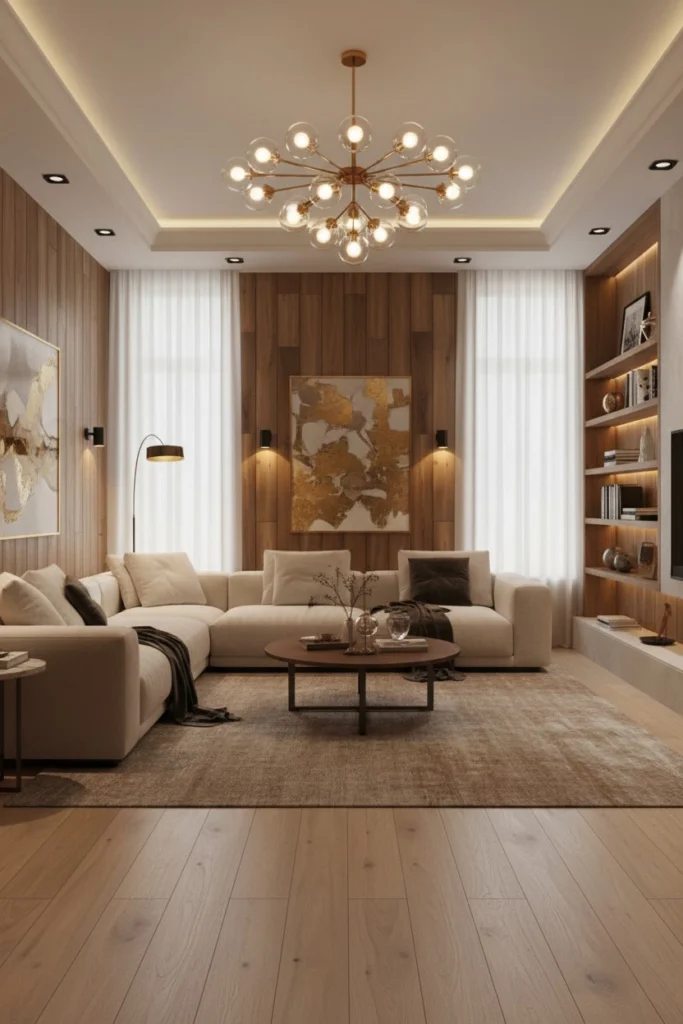 A decorative ceiling light complements warm wood panel walls.