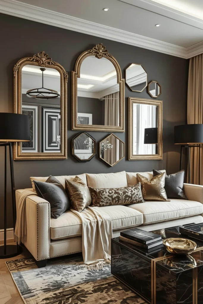 Different shaped mirrors grouped together create stylish wall art.
