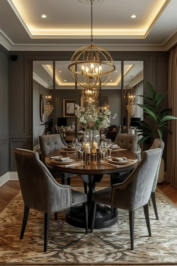 A dining room mirror reflects candles for a warm glow.