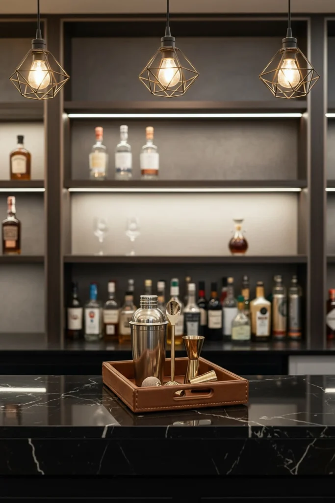 Cocktail tools arranged on leather tray at bar.