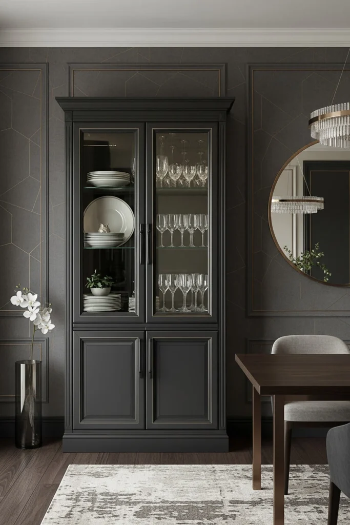 Glass cabinet displaying plates and wine glasses