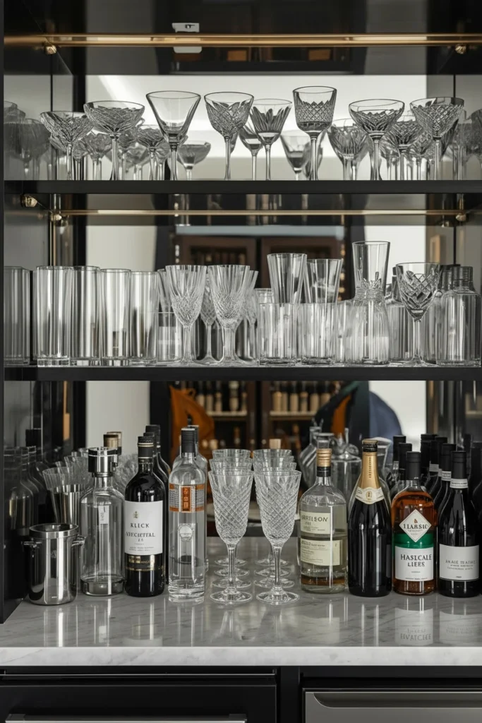 Open shelves displaying crystal coupes and glass tumblers.